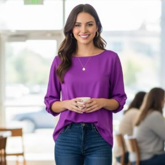 ZARA basics , Stunning royal purple satin crewneck blouse - Picture 3 of 11